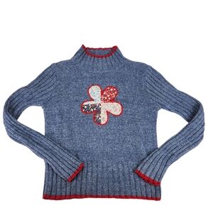 Knitty Gritty Girls Sweater Blue Mock Neck Medium Flower Patch Hippie Boho